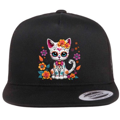 Floral Cat Sugar Skull Day Of The Dead Dia De Los Muertos Flatbill Hat