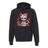 Floral Cat Sugar Skull Day Of The Dead Dia De Los Muertos Premium Hoodie