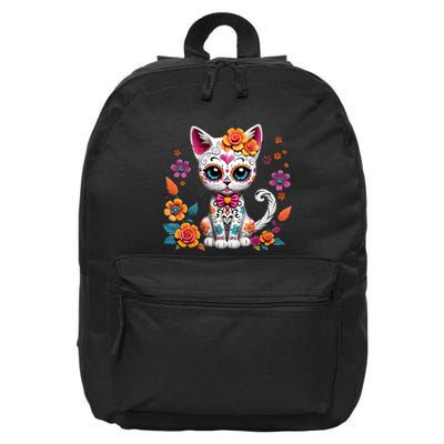 Floral Cat Sugar Skull Day Of The Dead Dia De Los Muertos 16 in Basic Backpack