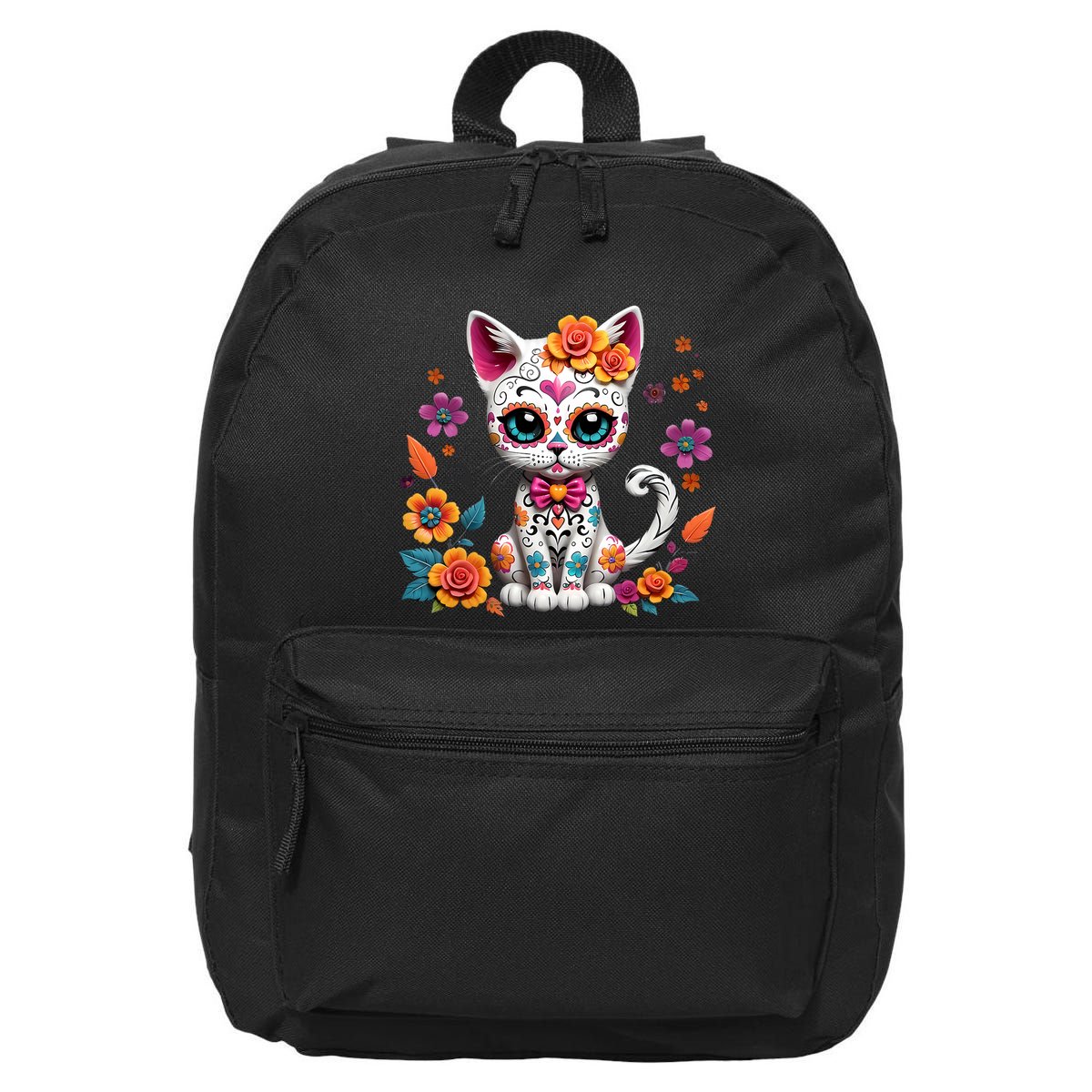Floral Cat Sugar Skull Day Of The Dead Dia De Los Muertos 16 in Basic Backpack