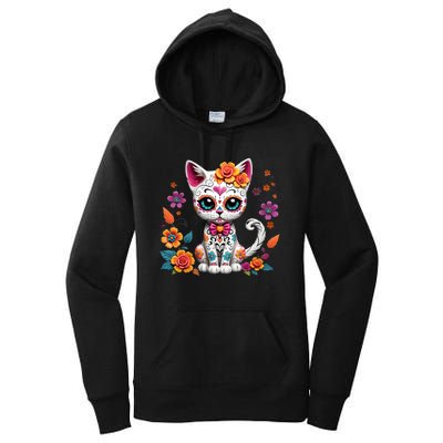 Floral Cat Sugar Skull Day Of The Dead Dia De Los Muertos Women's Pullover Hoodie