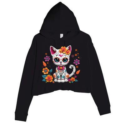 Floral Cat Sugar Skull Day Of The Dead Dia De Los Muertos Crop Fleece Hoodie