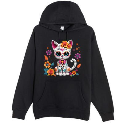Floral Cat Sugar Skull Day Of The Dead Dia De Los Muertos Premium Pullover Hoodie