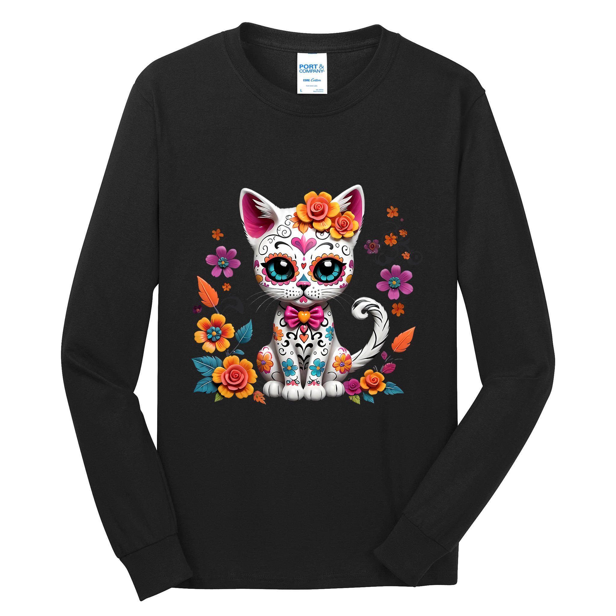 Floral Cat Sugar Skull Day Of The Dead Dia De Los Muertos Tall Long Sleeve T-Shirt