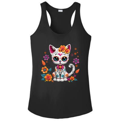 Floral Cat Sugar Skull Day Of The Dead Dia De Los Muertos Ladies PosiCharge Competitor Racerback Tank