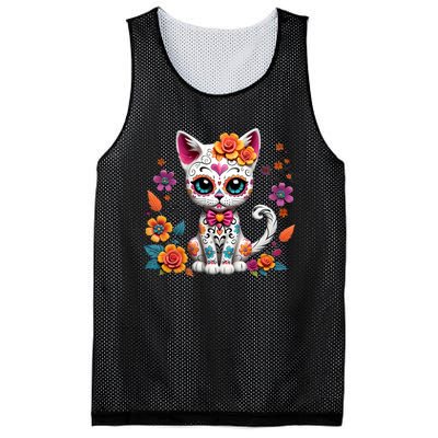 Floral Cat Sugar Skull Day Of The Dead Dia De Los Muertos Mesh Reversible Basketball Jersey Tank