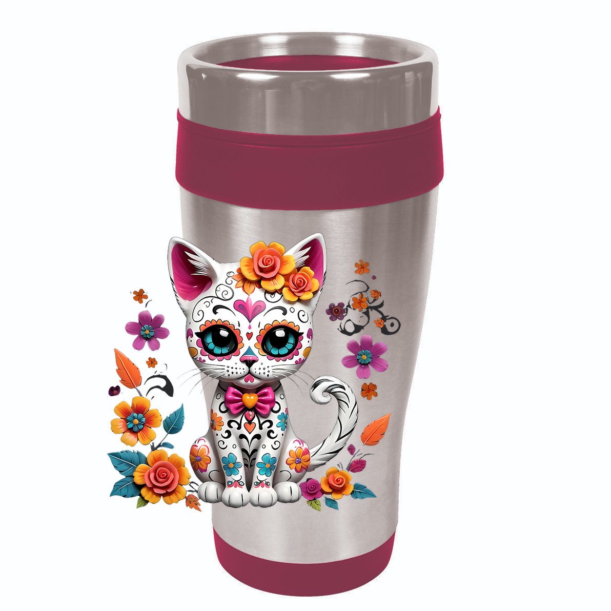 Floral Cat Sugar Skull Day Of The Dead Dia De Los Muertos 12oz Stainless Steel Coffee Mug
