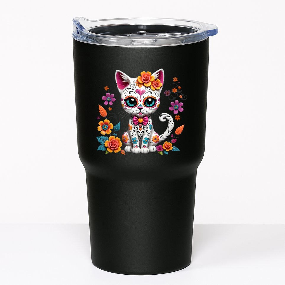 Floral Cat Sugar Skull Day Of The Dead Dia De Los Muertos Tumbler