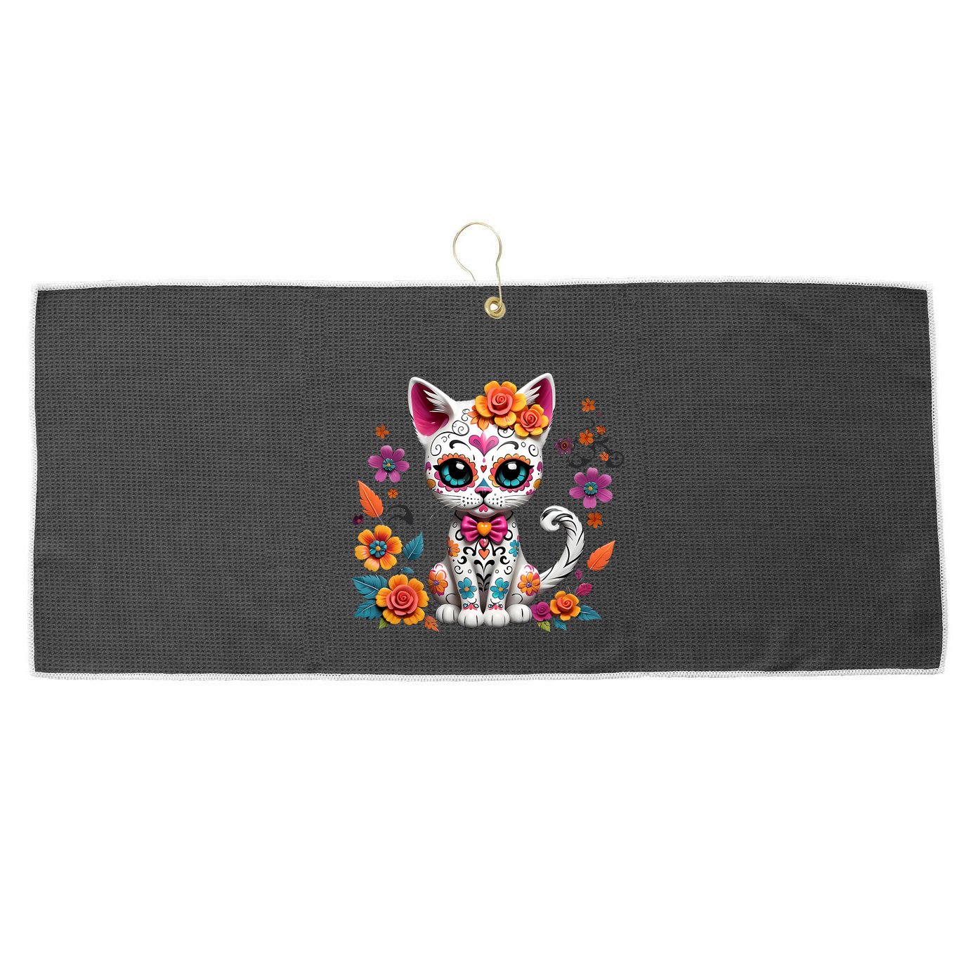 Floral Cat Sugar Skull Day Of The Dead Dia De Los Muertos Large Microfiber Waffle Golf Towel
