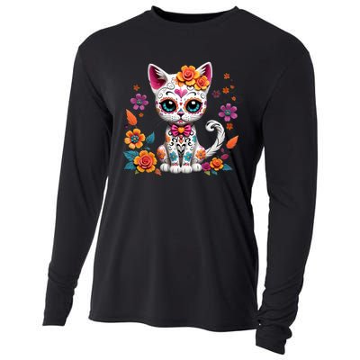 Floral Cat Sugar Skull Day Of The Dead Dia De Los Muertos Cooling Performance Long Sleeve Crew