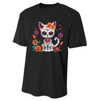 Floral Cat Sugar Skull Day Of The Dead Dia De Los Muertos Performance Sprint T-Shirt