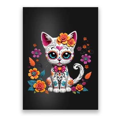 Floral Cat Sugar Skull Day Of The Dead Dia De Los Muertos Poster