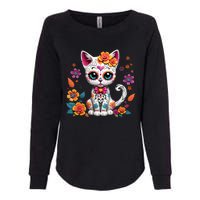 Floral Cat Sugar Skull Day Of The Dead Dia De Los Muertos Womens California Wash Sweatshirt