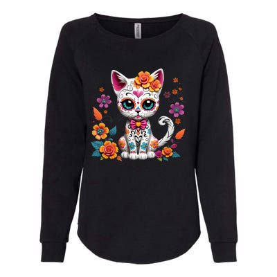 Floral Cat Sugar Skull Day Of The Dead Dia De Los Muertos Womens California Wash Sweatshirt