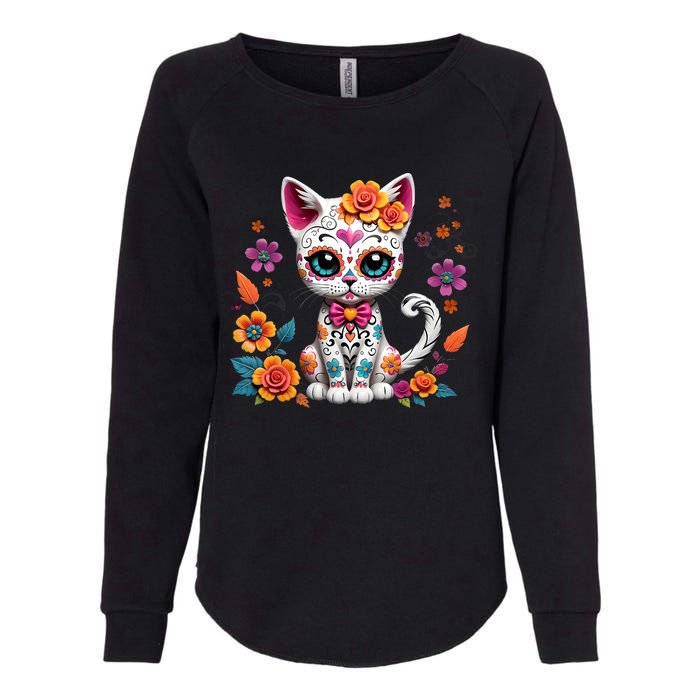 Floral Cat Sugar Skull Day Of The Dead Dia De Los Muertos Womens California Wash Sweatshirt