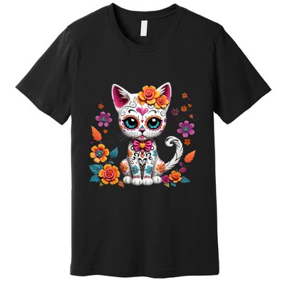 Floral Cat Sugar Skull Day Of The Dead Dia De Los Muertos Premium T-Shirt