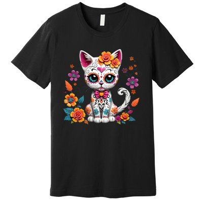 Floral Cat Sugar Skull Day Of The Dead Dia De Los Muertos Premium T-Shirt