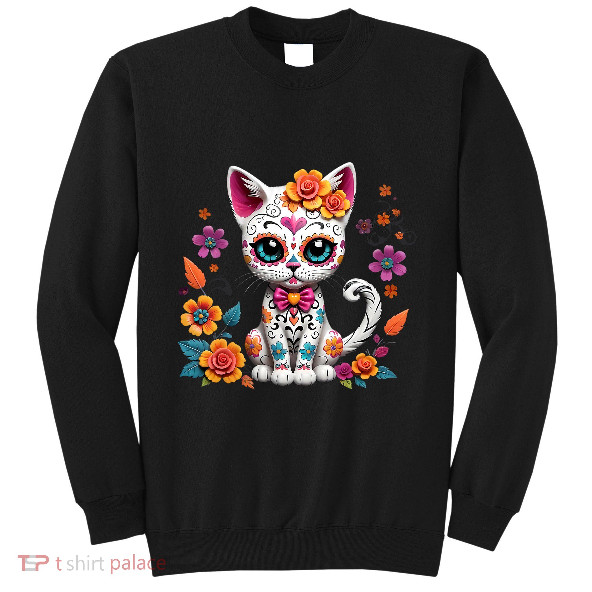 Floral Cat Sugar Skull Day Of The Dead Dia De Los Muertos Tall Sweatshirt