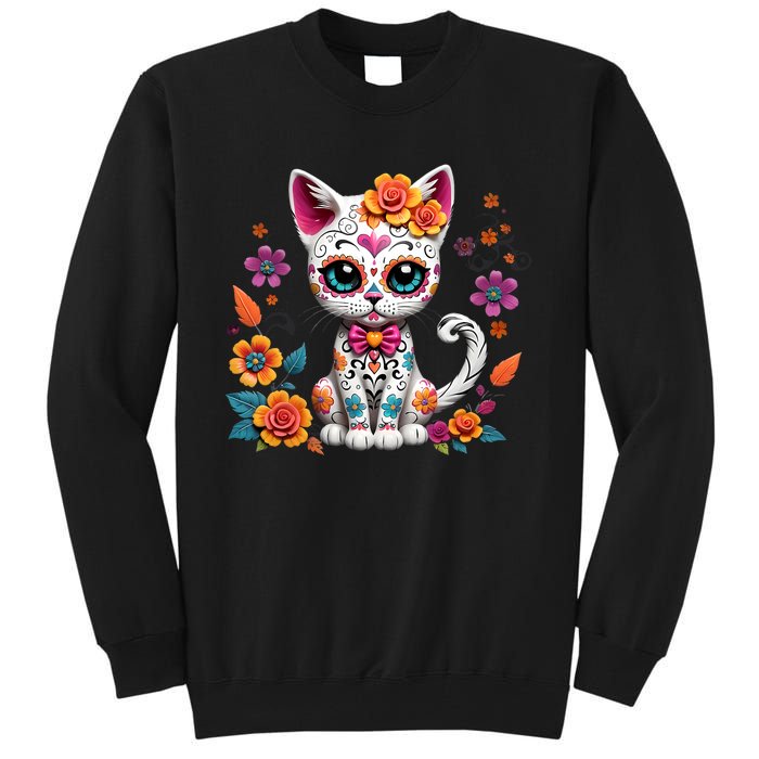 Floral Cat Sugar Skull Day Of The Dead Dia De Los Muertos Tall Sweatshirt