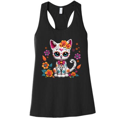 Floral Cat Sugar Skull Day Of The Dead Dia De Los Muertos Women's Racerback Tank