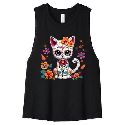 Floral Cat Sugar Skull Day Of The Dead Dia De Los Muertos Women's Racerback Cropped Tank