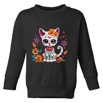 Floral Cat Sugar Skull Day Of The Dead Dia De Los Muertos Toddler Sweatshirt