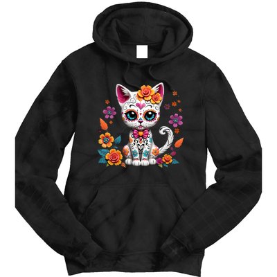 Floral Cat Sugar Skull Day Of The Dead Dia De Los Muertos Tie Dye Hoodie