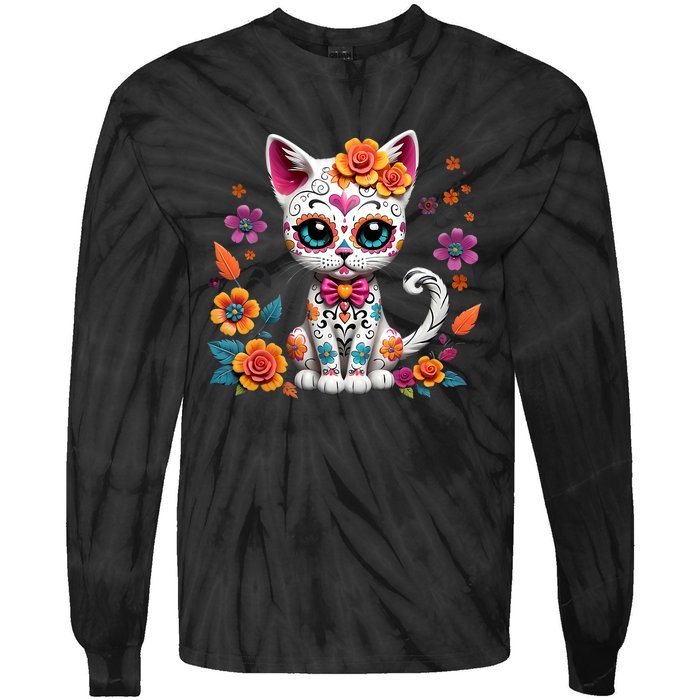 Floral Cat Sugar Skull Day Of The Dead Dia De Los Muertos Tie-Dye Long Sleeve Shirt