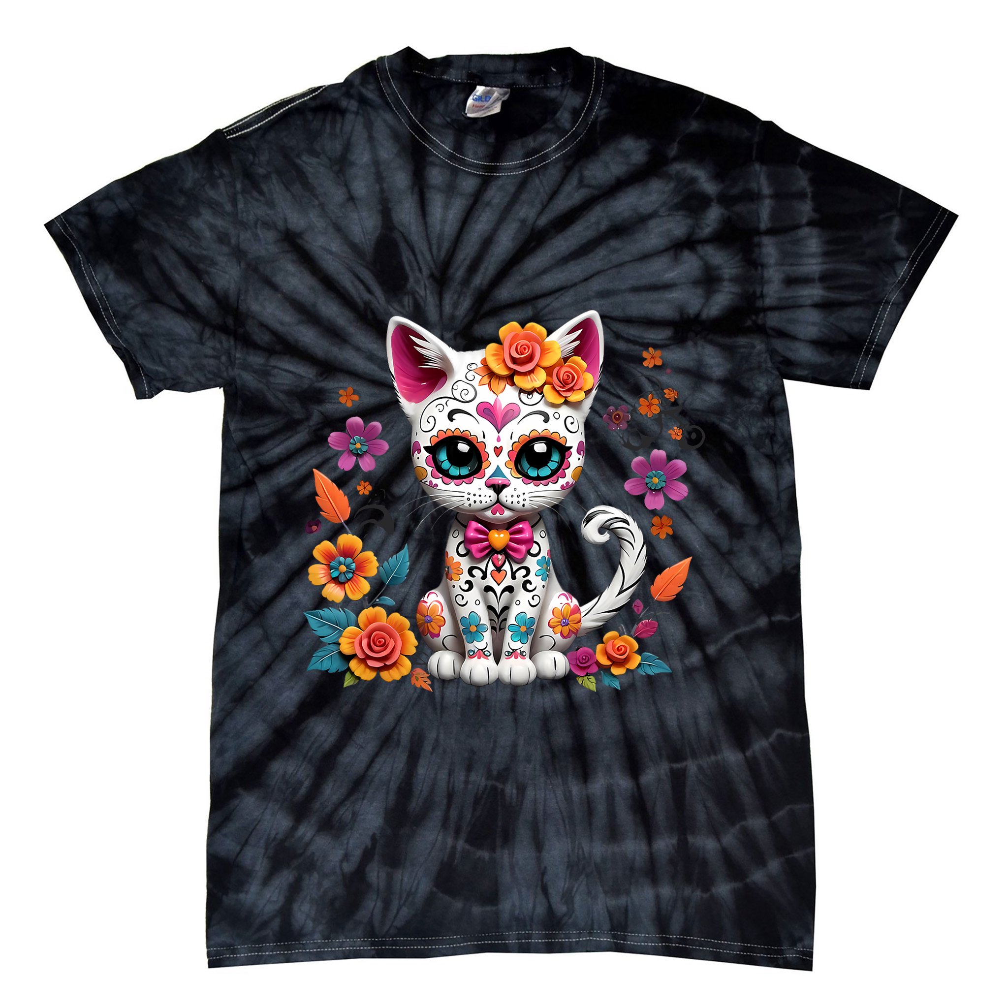Floral Cat Sugar Skull Day Of The Dead Dia De Los Muertos Tie-Dye T-Shirt