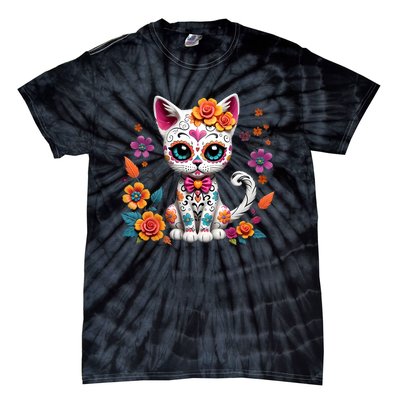 Floral Cat Sugar Skull Day Of The Dead Dia De Los Muertos Tie-Dye T-Shirt