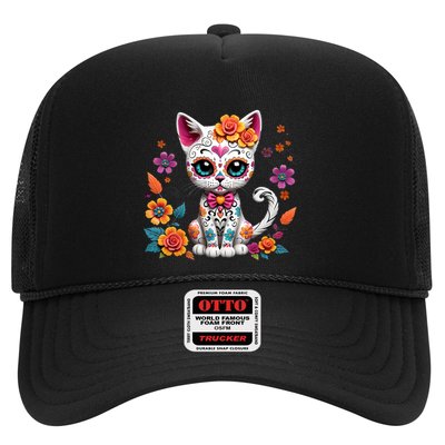 Floral Cat Sugar Skull Day Of The Dead Dia De Los Muertos Trucker Hat