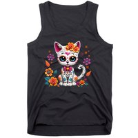 Floral Cat Sugar Skull Day Of The Dead Dia De Los Muertos Tank Top