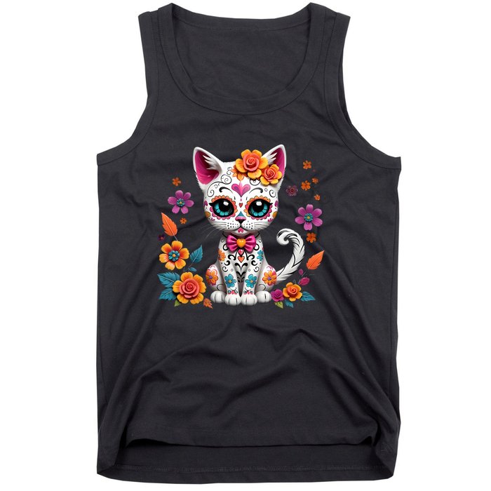 Floral Cat Sugar Skull Day Of The Dead Dia De Los Muertos Tank Top