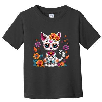 Floral Cat Sugar Skull Day Of The Dead Dia De Los Muertos Toddler T-Shirt