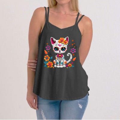 Floral Cat Sugar Skull Day Of The Dead Dia De Los Muertos Women's Strappy Tank