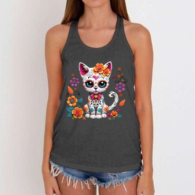 Floral Cat Sugar Skull Day Of The Dead Dia De Los Muertos Women's Knotted Racerback Tank