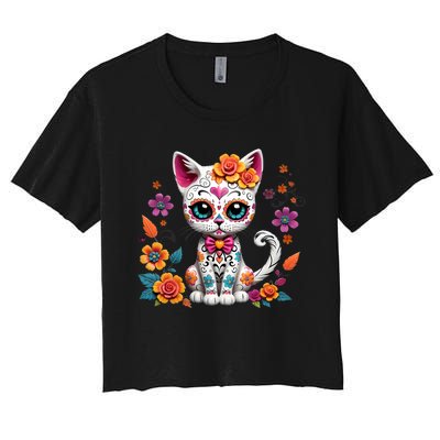 Floral Cat Sugar Skull Day Of The Dead Dia De Los Muertos Women's Crop Top Tee