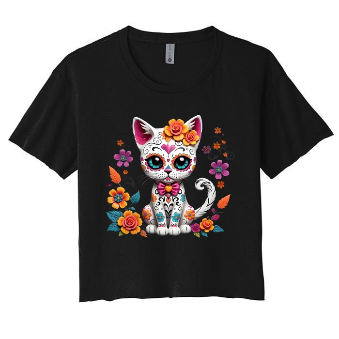 Floral Cat Sugar Skull Day Of The Dead Dia De Los Muertos Women's Crop Top Tee