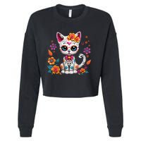 Floral Cat Sugar Skull Day Of The Dead Dia De Los Muertos Cropped Pullover Crew