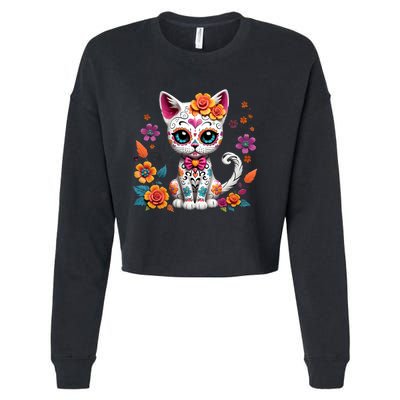 Floral Cat Sugar Skull Day Of The Dead Dia De Los Muertos Cropped Pullover Crew