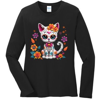 Floral Cat Sugar Skull Day Of The Dead Dia De Los Muertos Ladies Long Sleeve Shirt