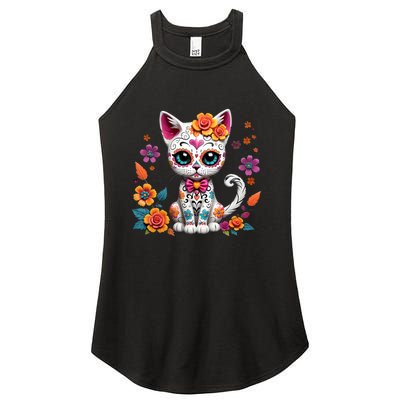 Floral Cat Sugar Skull Day Of The Dead Dia De Los Muertos Women's Perfect Tri Rocker Tank