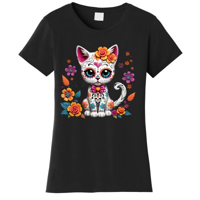 Floral Cat Sugar Skull Day Of The Dead Dia De Los Muertos Women's T-Shirt