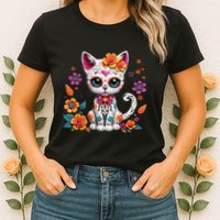 Floral Cat Sugar Skull Day Of The Dead Dia De Los Muertos Womens T-Shirt