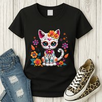 Floral Cat Sugar Skull Day Of The Dead Dia De Los Muertos Womens T-Shirt