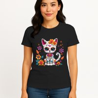 Floral Cat Sugar Skull Day Of The Dead Dia De Los Muertos Womens T-Shirt