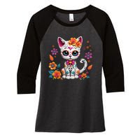 Floral Cat Sugar Skull Day Of The Dead Dia De Los Muertos Women's Tri-Blend 3/4-Sleeve Raglan Shirt