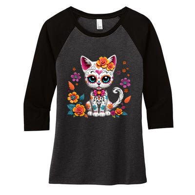 Floral Cat Sugar Skull Day Of The Dead Dia De Los Muertos Women's Tri-Blend 3/4-Sleeve Raglan Shirt