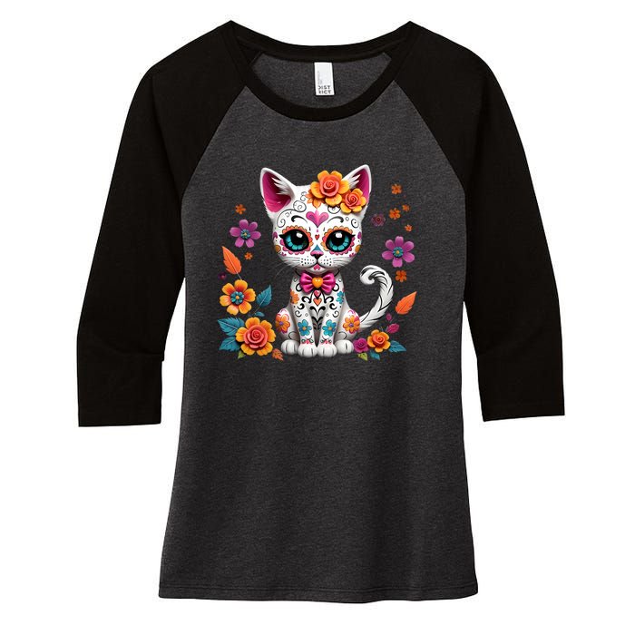 Floral Cat Sugar Skull Day Of The Dead Dia De Los Muertos Women's Tri-Blend 3/4-Sleeve Raglan Shirt