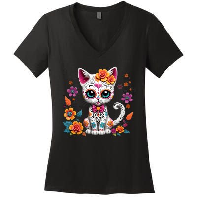 Floral Cat Sugar Skull Day Of The Dead Dia De Los Muertos Women's V-Neck T-Shirt